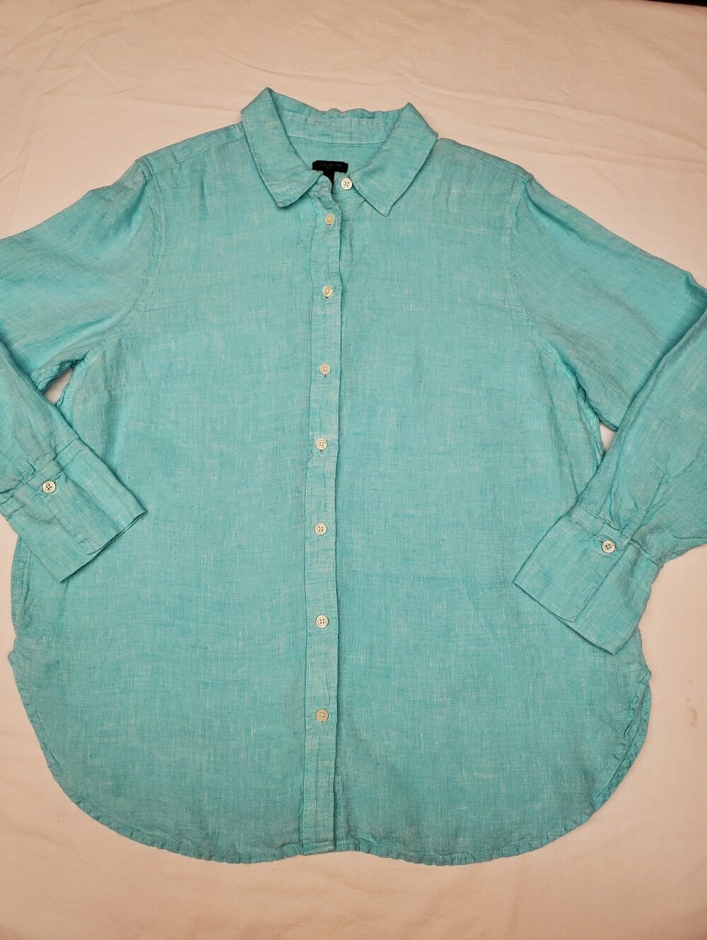 Talbots Petite XLP 100% Linen Button Down Shirt Turquoise Long Sleeve Classic